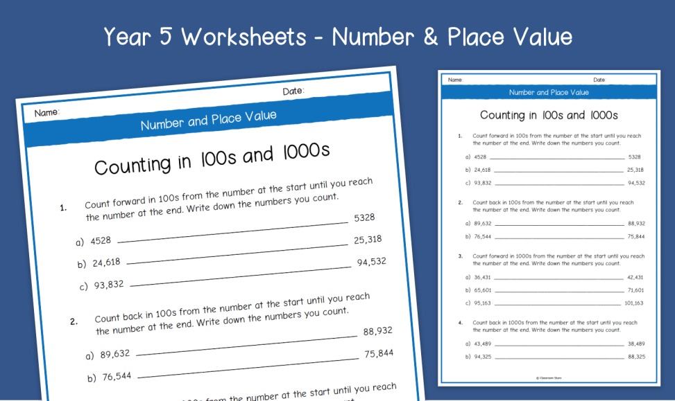 Year 5 Counting in 100s & 1000s Worksheets | KS2 Number & Place Value | Primary Maths