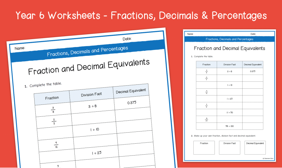 Year 6 Fractions & Decimals Equivalents Worksheets | KS2 Fractions, Decimals & Percentages | Primary Maths