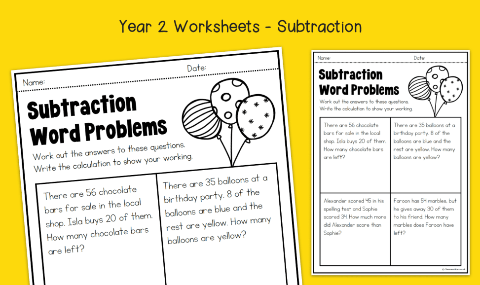 Year 2 Subtraction Word Problems Worksheets | KS1 Subtraction | Primary Maths